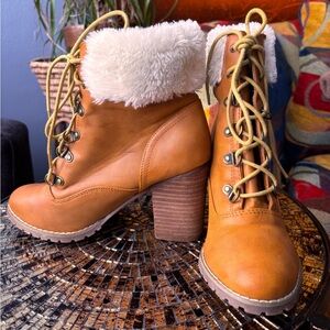 Tan Lace-Up Heel Boots